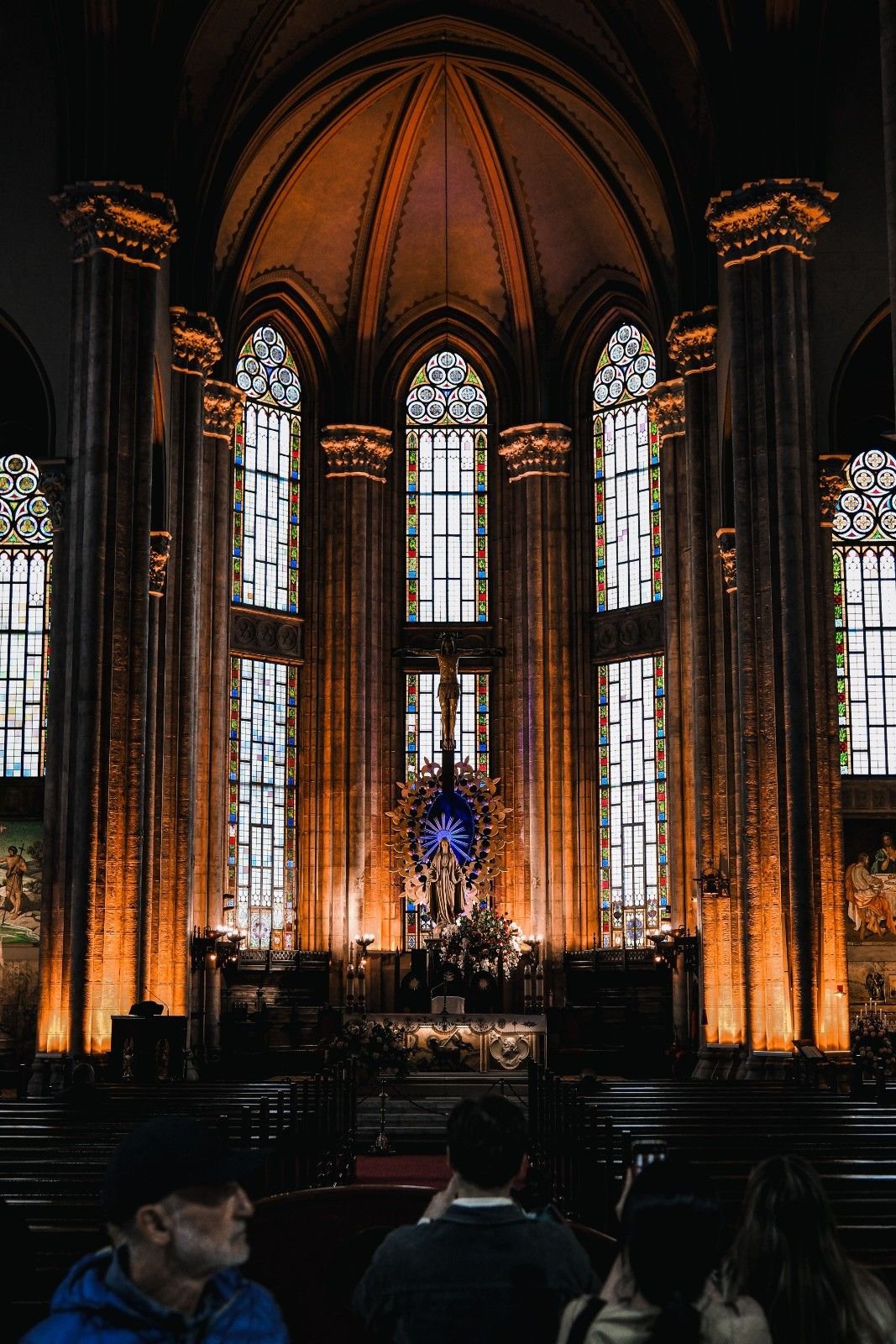 The warmly lit sanctuary of Living Hope Church